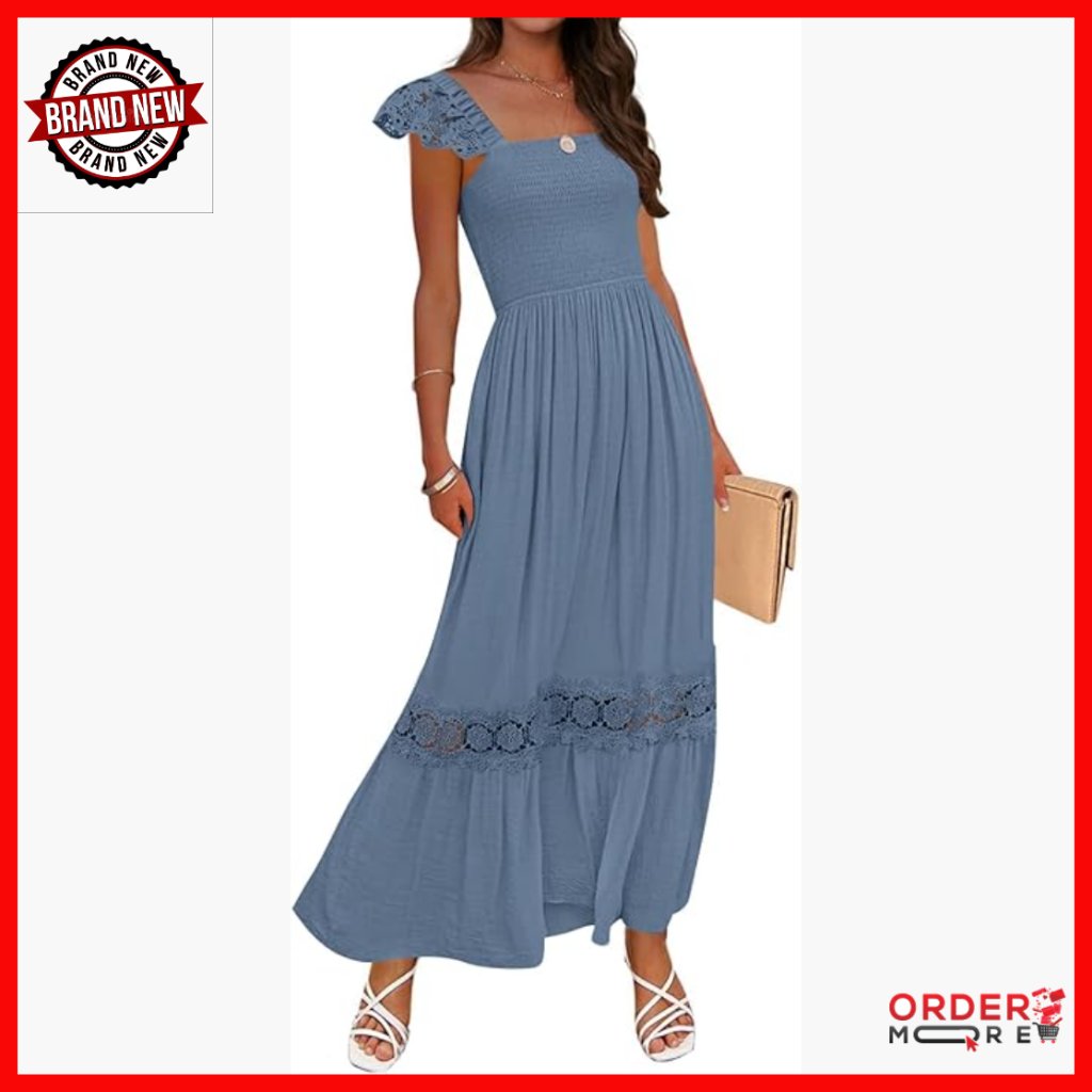 Maxi Dress Lace Strap Square Neck Backless High Waist Flowy A-Line